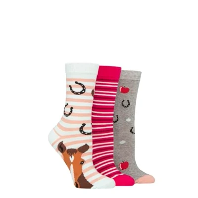 Image of Women&#039;s 3 Pair SOCKSHOP Wildfeet Cotton Novelty Patterned Socks Horse &amp; Apples 4 8