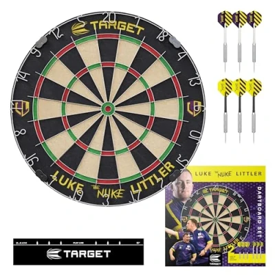 Image of Target Darts Luke Littler Dartboard Set Player Edition ‘The Nuke’ Dart Board with 2 Sets of Steel Tip Darts, Competition Standard Throw Line Professional &amp; Dartboards