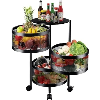 Image of Storage Rack Kitchen Bathroom Rotating Vegetable Serving Bath Trolley Cart Shelf Fruit Basket with Wheels (Black Round 4 Tier)