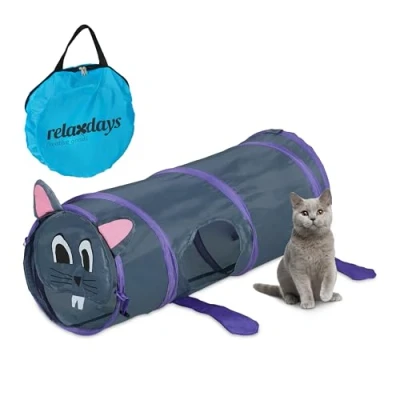 Image of Relaxdays Cat Tunnel, Mouse Design, Foldable Pet Toy, HxD: 63 x 26 cm, Interactive Play, Round, Polyester, Colourful, cm