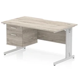 Image of Impulse 1400 x 800mm Scalloped Edge Office Desk Grey Oak Top Silver Cable Managed Leg Workstation 1 2 Drawer Fixed Pedestal