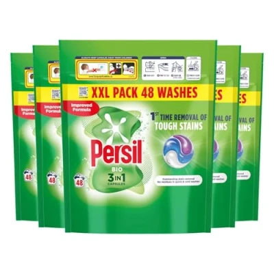 Image of Persil XL 3 in 1 Washing Capsules Outstanding Stain Removal with No Residues Even Quick and Cold Washes 7 Days of Lasting Freshness Pods 48 (Buy 5, Bio)