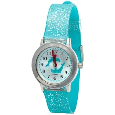 Image of Kiddus. Girl Watch. with Glitter. Kids Watch for Girls. Exercises to Learn The Time. Watches Easy Read. Sparkly. from 4+ Years. Dolphin.