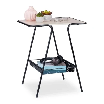 Image of Side Table, Nightstand, Magazine Shelf Rack, Book Storage, Metal Frame, HxWxD 55 x 45 cm, White/Natural Relaxdays