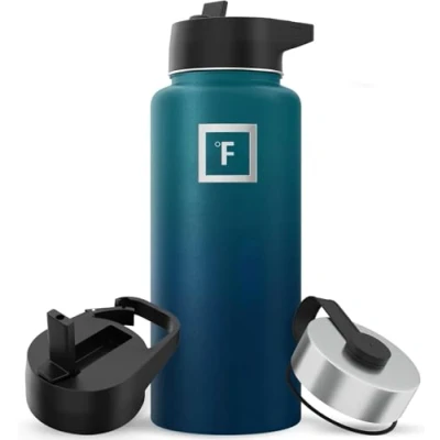 Image of Metal Water Bottle with Straw Lid 950ml 3 Lids Stainless Steel Double Walled Insulated Vacuum Leakproof Sports Gym Camping Hiking Hydration School Kids