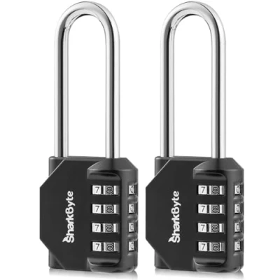 Image of SharkByte Combination Long Padlock [2.6&quot; Shackle] 4 Dial Heavy Duty Lock, Weatherproof for Gym, School, Locker, Outdoor Shed, Garage, Fence, Hasp, Toolbox (2 Pack)