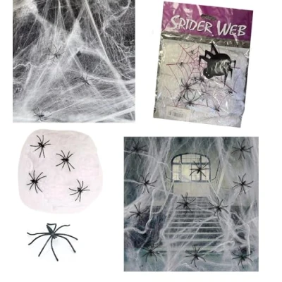 Image of Quickdraw Halloween Fake Spider Web with Spiders Included Stretchy Cobweb Decoration Perfect for Parties &amp; Haunted Houses (1 Pack (40g 4 Spiders))