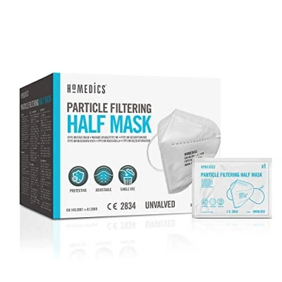 Image of HoMedics 20 Pack, Single Use Face Masks FFP2 PPE CE Certified, 3 Layer Filtration, Latex Free Mask
