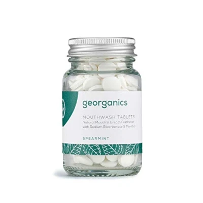 Image of Georganics Organic Mouthwash Tablets Spearmint Flavoured Natural for Bad Breath SLS, Glycerine &amp; Fluoride Free Certified Cosmos Natural, Vegan and Cruelty 180