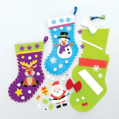 Image of Baker Ross FC147 Christmas Stocking Kits Pack of 3, Arts and Crafts for Kids to Make Display, Your Own Xmas Decorations
