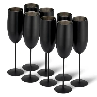Image of Oak &amp; Steel 8 Elegant Stainless Black Matte Champagne Prosecco Flute Cocktail Glasses, 285ml Unbreakable Glass Gift Set for Mothers Day Wedding Anniversary Birthday Party