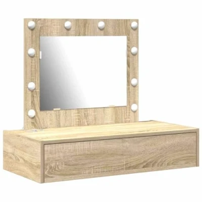 Image of vidaXL sonoma oak vanity dressing table rectangular engineered wood grooming desk with mirror &amp; led lights for bedroom ample drawer storage 83x40x70cm