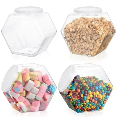 Image of Plastic Hexagon Candy Jars 4pcs Cookie with Lids Wide Mouth Reusable Food Container Storage