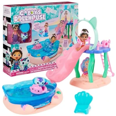 Image of Gabby’s Dollhouse, Purr ific Pool Playset with Gabby and MerCat Figures, Colour Changing Mermaid Tails Accessories Kids’ Toys for Ages 3 Up, Blue
