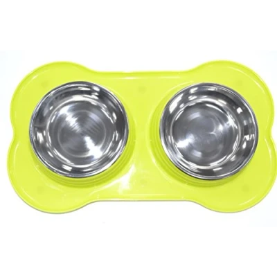 Image of DOUBLE PET FEEDING STAINLESS STEEL BOWL WITH PLASTIC FEEDER DOG/CAT/ANY SMALL ANIMAL FOOD/WATER DISH (Green)