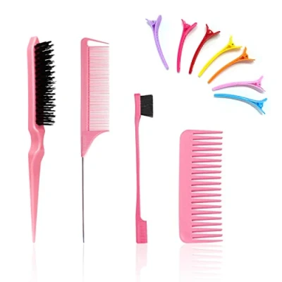 Image of CQQNIU 3 Piece Hairdressing Comb Set with 1 Wide Tooth and 4 Hair Clips, Pin Tail Brush Double Sided Brush, Hairbrush Tool (Pink), 15,4 x 5,8 cm