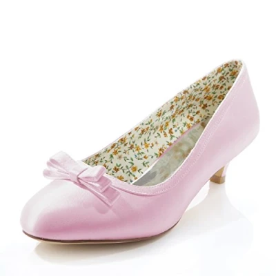 Image of Emily Bridal 011 2A Women&#039;s Wedding Shoes Closed Toe 1.57 Inches Kitten Heel Satin Pumps with Bowknot (EU39/UK6, Pink)