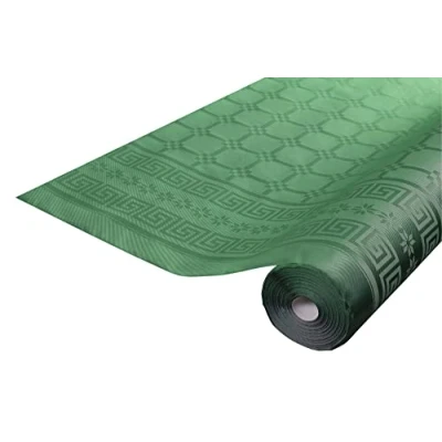 Image of Disposable Damask paper tablecloth in a roll 6 M long X 1.18 wide with chic and classic universal pattern Box of 12 rolls fir green (bright)