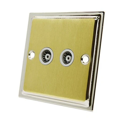 Image of Slimline Duo Satin Brass Polished Chrome 2 Gang TV Socket White Insert Aerial Coaxial Female