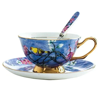 Image of Eplze YBK Tech Euro Style Cup&amp; Saucer Set, Bone China Teacup Coffee Cup for Breakfast Home Kitchen Birds and Trees Patterns (Bright Blue)