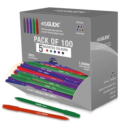 Image of Eziglide Ballpoint Assorted Pen, Pack of 100 Pens, Smooth Writing Action Medium Point 1.0mm Coloured Pens Multipack Ball Ideal for School, Home or Work Stationery Supplies