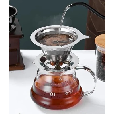 Image of Pour Over Coffee Filter Double Layer Stainless Steel Reusable Dripper Paperless Drip Cup Maker Large 4 6