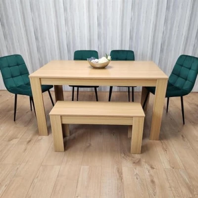 Image of KOSY KOALA Wooden Dining Table Set for 6 Oak Effect With 4 Green Velvet Chairs and 1 Bench