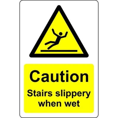 Image of Caution stairs slippery when wet Safety sign Self adhesive sticker (300mm x 200mm)