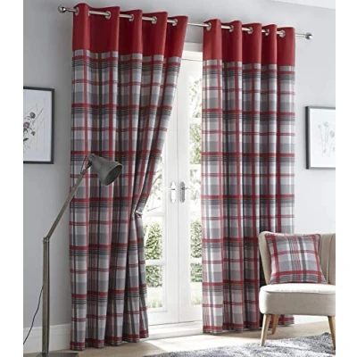 Image of Portfolio Orleans Check Striped Fully Lined Eyelet Ring Top Curtains Red Grey 46&quot; Wide x 54&quot; Drop, fabric, 46 54