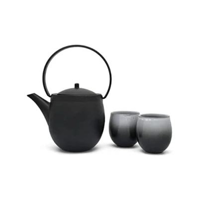 Image of Black Cast Iron Asia Teapot 1.2 litres Including 2 Porcelain Tea Cups for Preparation of Loose