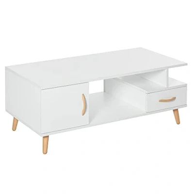 Image of HOMCOM Modern Minimalism Coffee Table with Storage, Sofa Side Shelf &amp; Drawer for Living Room Reception Room, White