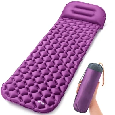 Image of Lightweight Sleeping Mat With Pillow, Ultra Light Inflatable Camping Pad, Outdoor Hiking Backpacking Festival Air Mattress, Waterproof TPU, 190cm x 56cm 5.5cm, 520g (Purple)