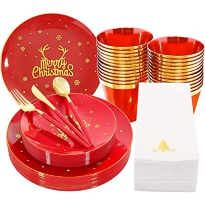 Image of KAHEIGN 175Pcs Resuable Christmas Dinnerware Set, Gold Rimmed Red Plastic 25 Dinner Plates, Salad Knives, Forks, Spoons, Napkins for Guests Party