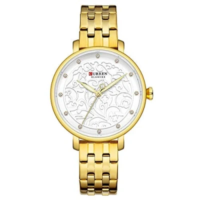 Image of CURREN Women Watches Pink Leather Wristwatch with Rhinestone Ladies Clock Fashion Quartz Watch Relogio Feminino (Gold White)