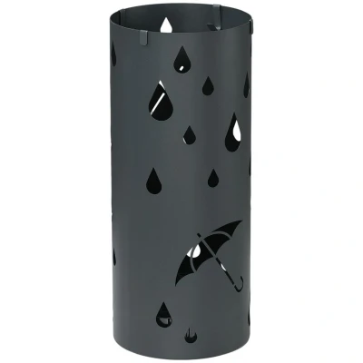 Image of HOMCOM Galvanised Steel Umbrella Holder, Hollowed Stand with 4 Hooks and Removable Drip Tray, Round Basket for Hallway, Dark Grey