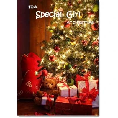 Image of doodlecards Special Girl Christmas Card Teddy by Tree Medium Size for with Plain Envelope