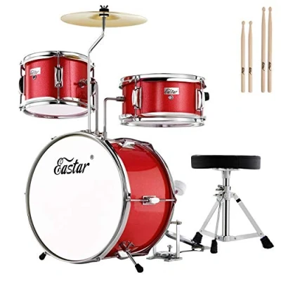 Image of Kids Drum Kit Eastar, 3 Piece 14&#039;&#039; Set with Adjustable Throne, Cymbal, Pedal &amp; Two Pairs of Drumsticks, Junior Bass Tom Snare Drum, Metallic Red