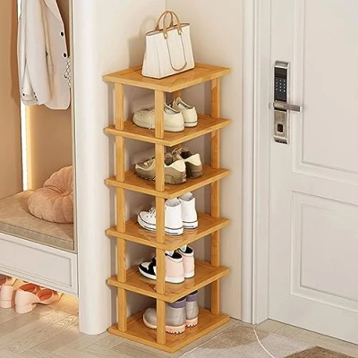 Image of blodfune 6 Tiers Bamboo Vertical Shoe Rack, Adjustable prefabricated Storage Shelf Stand, Free Standing Tower for Entryway,No Tool Assembly Hallway Rack Yellow