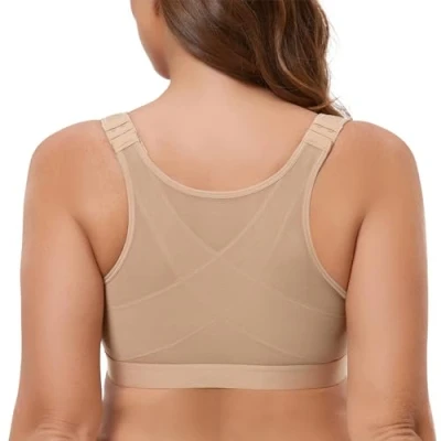 Image of MELENECA Women&#039;s Front Fastening Wirefree Post Surgery Plus Size Back Support Posture Bra Almond 36E