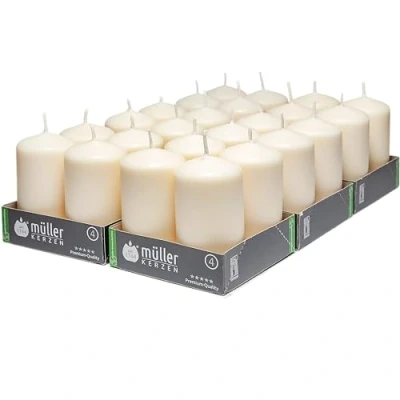 Image of Müller Small Pillar Candle Pack of 24 Unscented Ivory Candles 4,8 x 9 Cm 16 Hours Burn Time for Decoration No Drip Wax Smokeless Wick RAL Quality Made in Germany