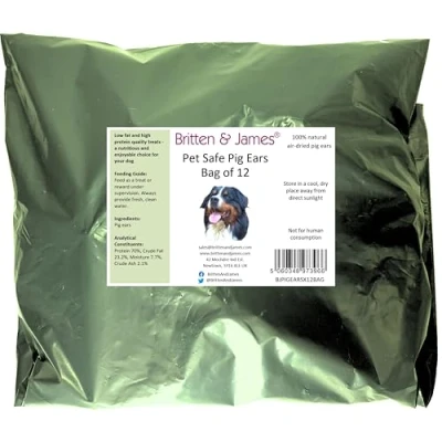 Image of 12 Large Pigs Ears for Dogs (Refill Bag). Natural Premium Quality British Product by Britten and James