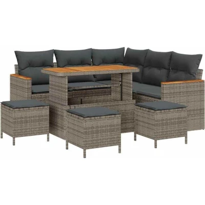 Image of vidaXL 9 Piece Garden Sofa Set with Cushions Grey Poly Rattan Acacia