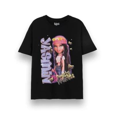 Image of Bratz Yasmin Womens T Shirt Y2K Bling Short Sleeve Graphic Tee in Black Pretty Princess Classic Doll Chrome Relaxed Fit Apparel Top Nostalgic Character Merchandise Gift