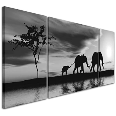 Image of Wallfillers Black White African Sunset Elephants Canvas Wall Art Print 3AC363 XXL 191x65cm
