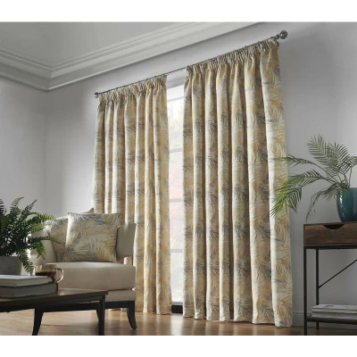Image of Alan Symonds Fiji Ochre Pencil Pleat Taped Top Curtains Pair Fully Lined Floral 90x108