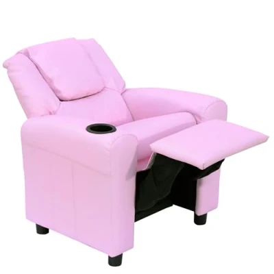 Image of HOMCOM Kids Recliner, PU Leather Armchair, Chair, Toddler Armchair with Adjustable Backrest, Footrest, Padded Headrest, Cup Holder, Pink