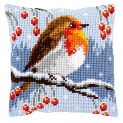 Image of Vervaco Cross Stitch Kit: Cushion: Red Robin in The Winter, COTTON, NA, 40 x 40cm