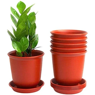 Image of KAHEIGN 6Pcs Plastic Flower Pots, 15.5cm Thicken Plant Pots Container Indoor Gardening Pot with Drainage Pallet (Brick red)