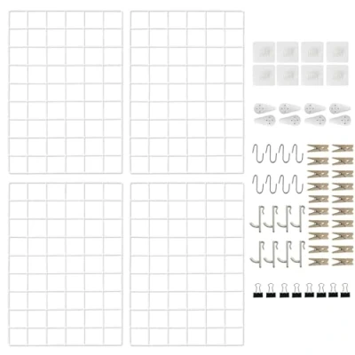 Image of CIKLCIX Metal Grid Wall Panel, Wire Photo Display Organizer, 17.3&quot;x11.8&quot; Board Wall, Picture Frame, 4 Pack Mesh Memo with Clips and Hooks