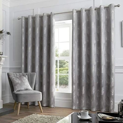 Image of Curtina Silver Peacock Curtains W66 x L72 (168 183cm) Bird Feather Luxury Eyelet &amp; Drapes for Living Room/Bedroom